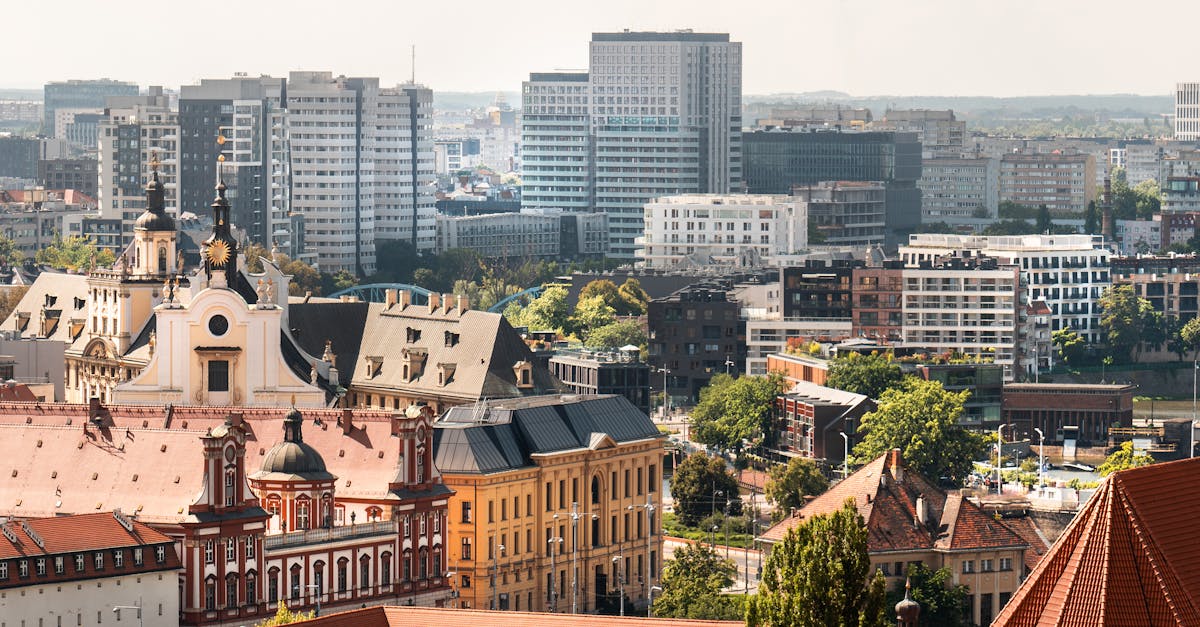 Aerial view of Wrocław, Poland, showcasing a blend of historic architecture and modern skyscrapers in the cityscape.